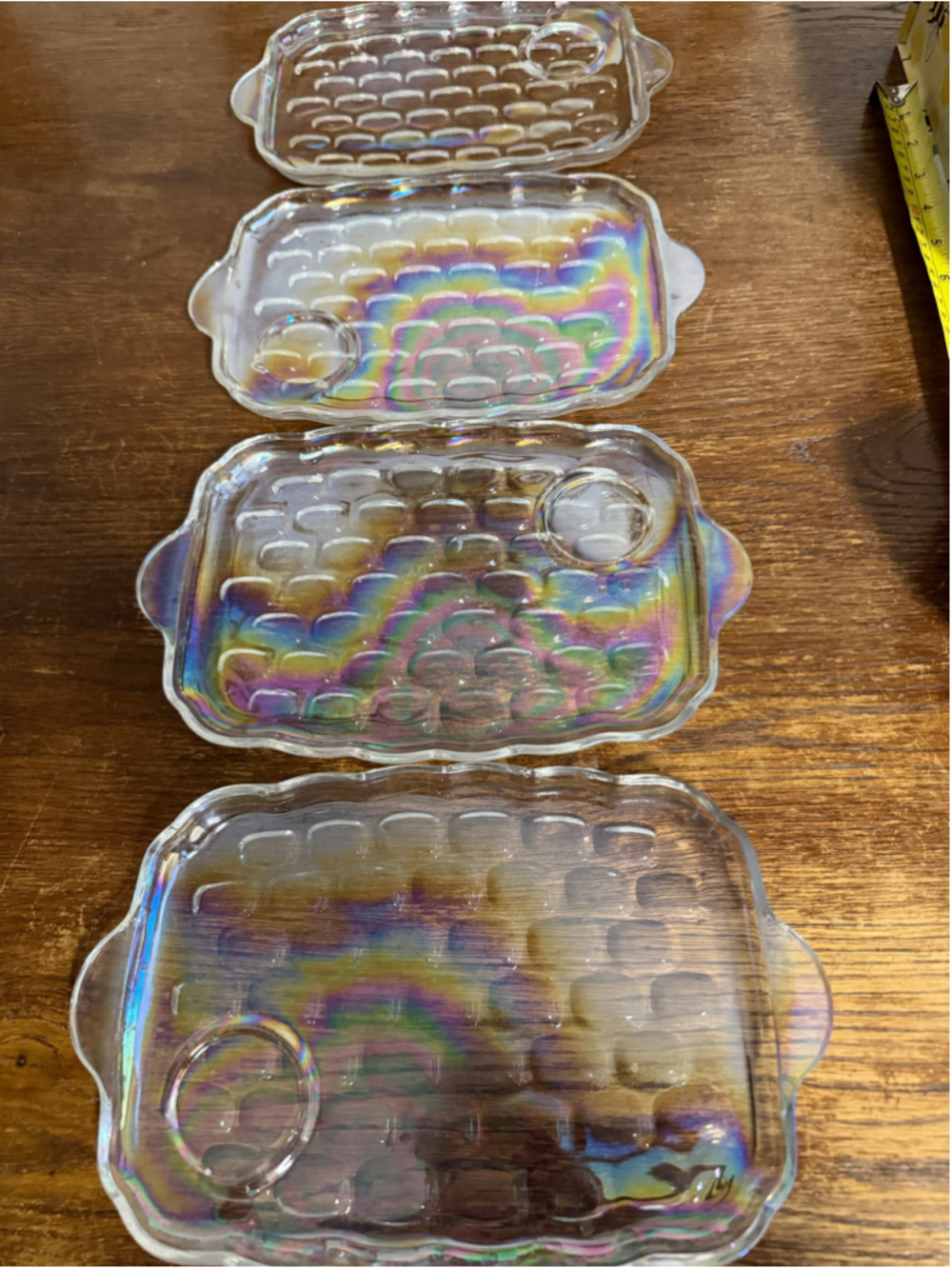 Vintage Federal Glass Yorktown Iridescent Snack Trays Set of 4 Carnival Glass